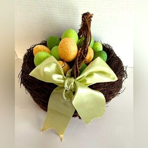 Twig Basket with Green and Orange Sparkling Styrofoam Eggs with Handle Satin Bow